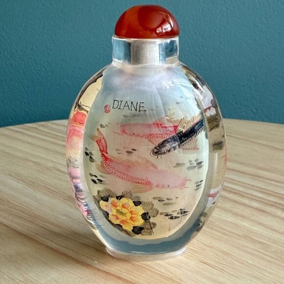 Vintage Reverse Painted Chinese Snuff Bottle Coi Fish Flowers Monogrammed Diane - Picture 1 of 9